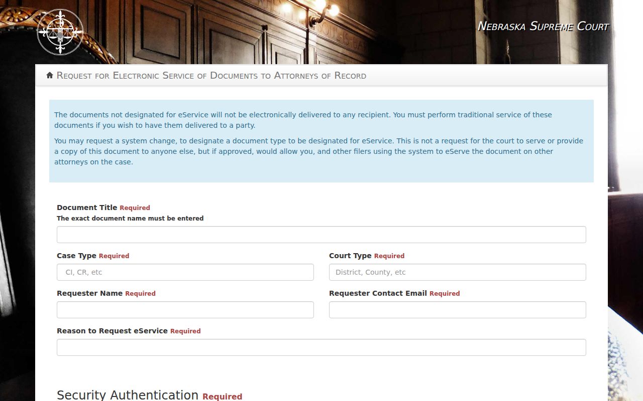 Howard County case search context showing Nebraska eService request form