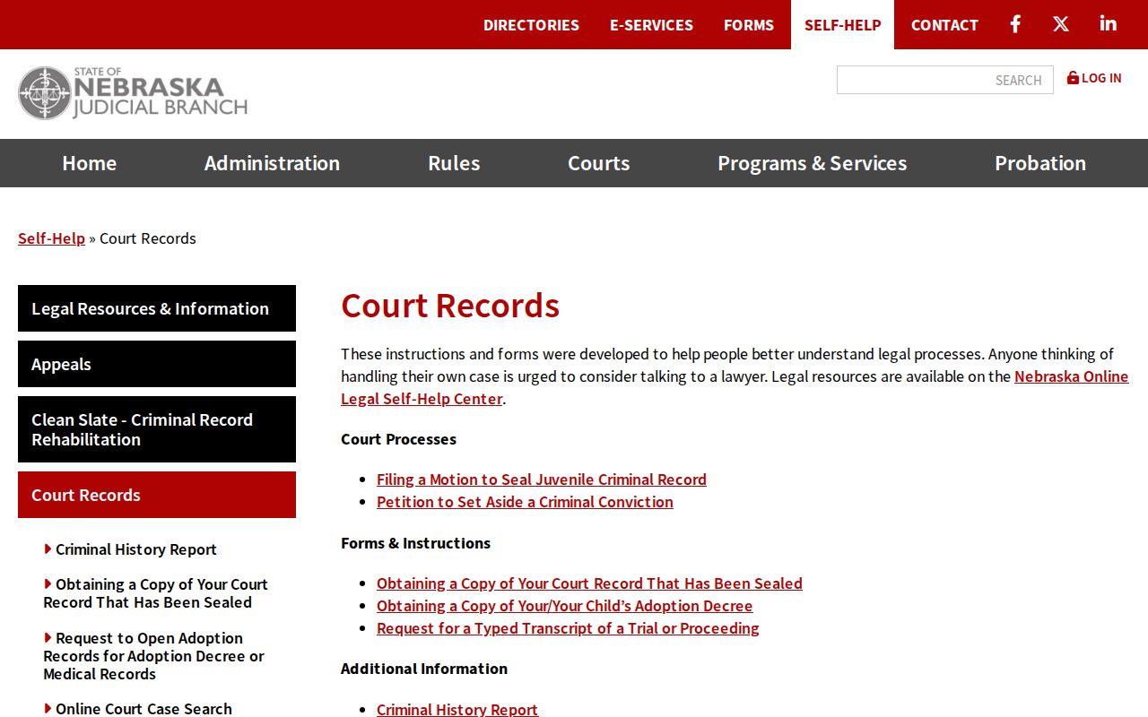 Howard County court records context showing Nebraska court records self-help hub