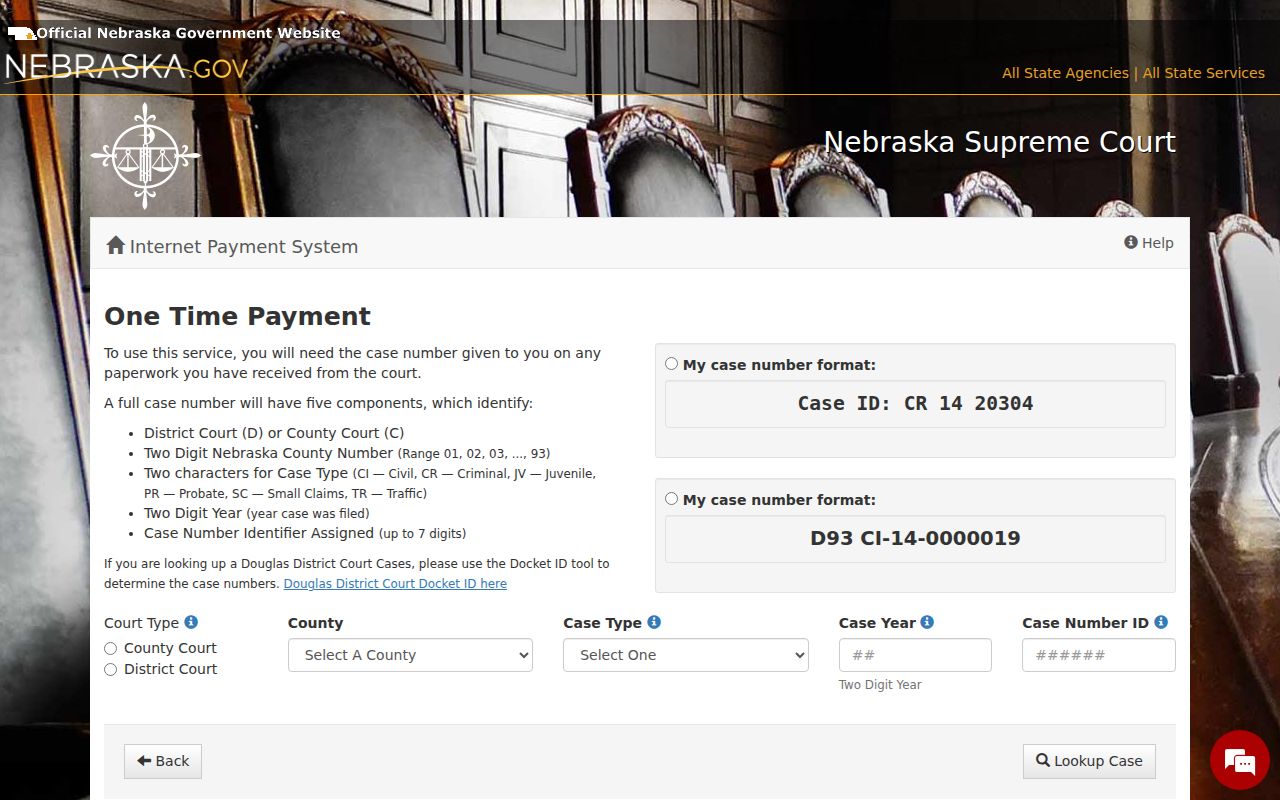 Howard County traffic court records context showing Nebraska case payment lookup form