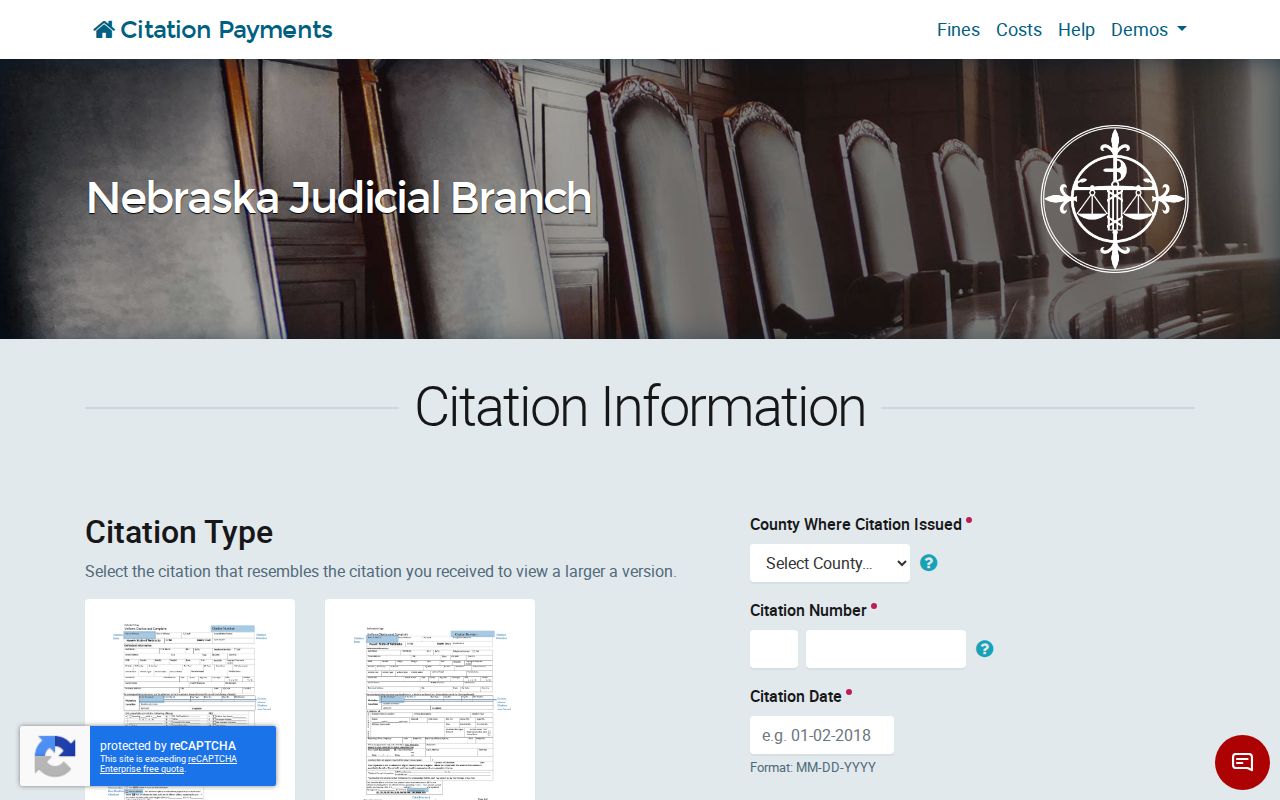 Howard County traffic court records context showing Nebraska citation lookup fields
